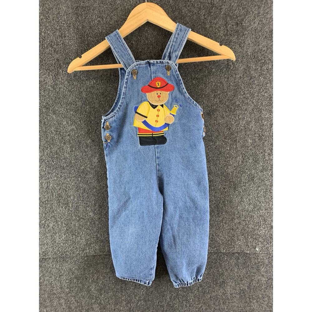 Vintage 90’s Kids Overalls Fireman Bear Apliqué Denim Cotton Blue Size 4